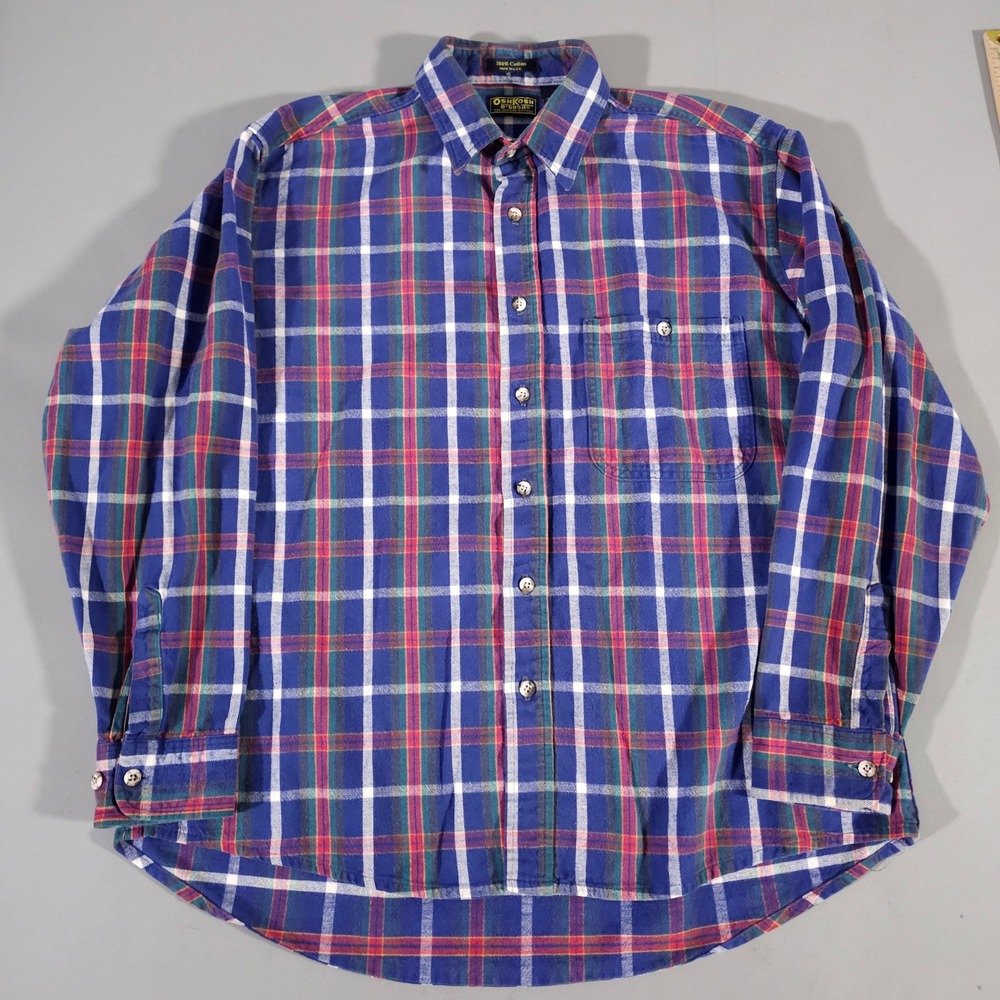 OshKosh B'gosh Button Down Shirt Mens XL Blue Plaid Long Sleeve Cotton USA Made